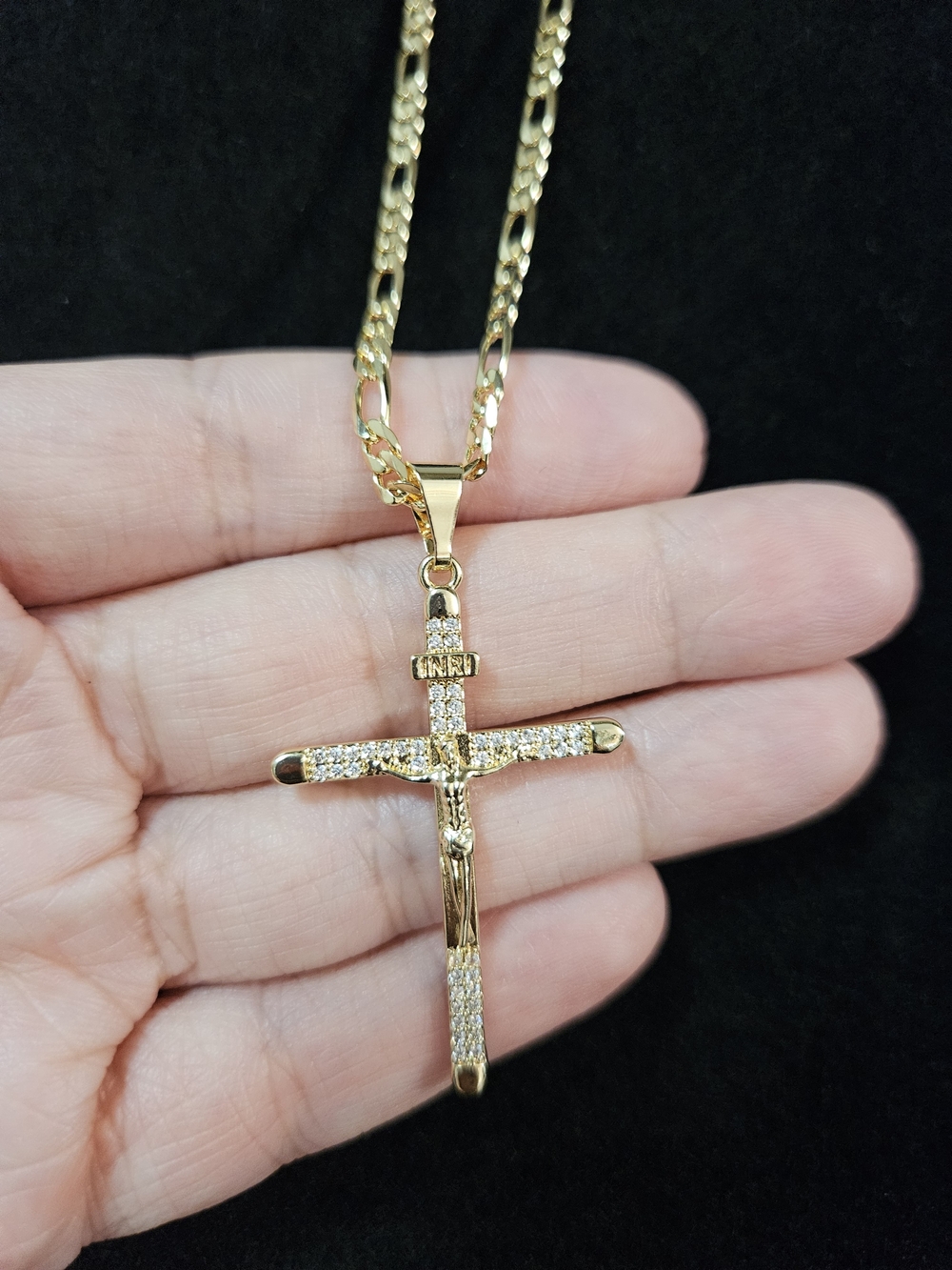 Gold Plated Cross Pendant Necklace with Crystal Accents
